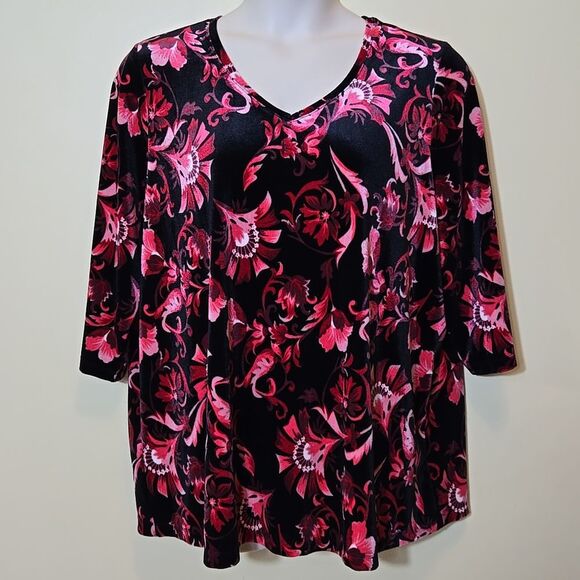 Catherines Plus Size AnyWear Velvet Tunic Top Black Red Pink Floral V-Neck 1X - Picture 1 of 8